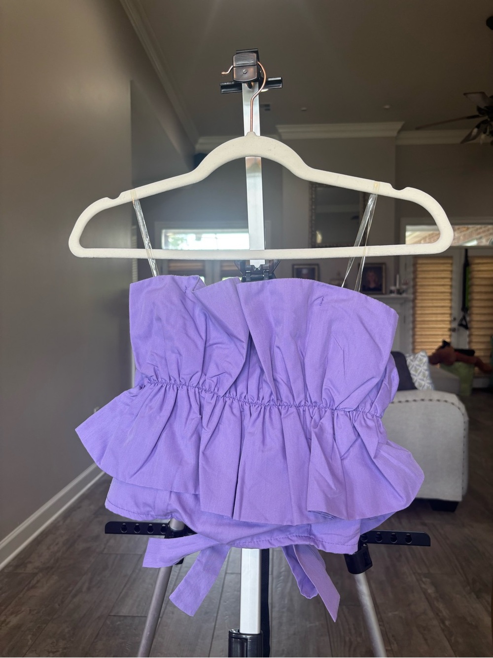 Pants Store Strapless Ruffled Crop Top in Lavender